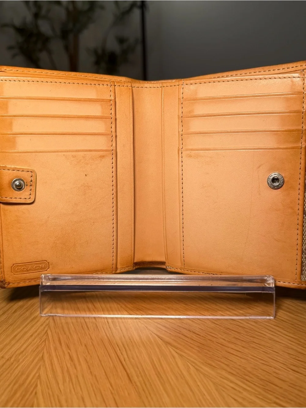 Coach Vachetta Leather Signature Canvas Trifold Wallet - Picture 6 of 16